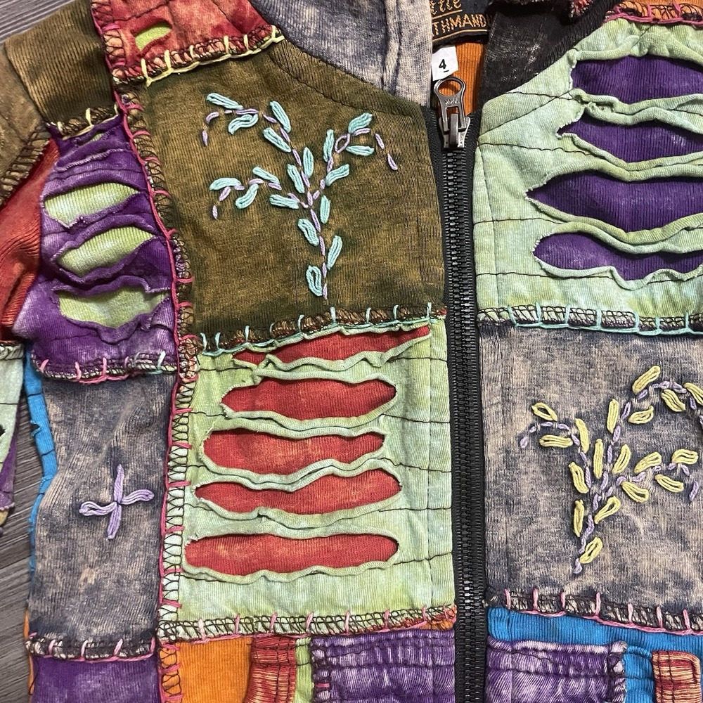 VTG LITTLE KATHMANDU Avant Garde Kids Sz 4 Zip Hoodie Patchwork Embroidered Boho - Picture 4 of 10